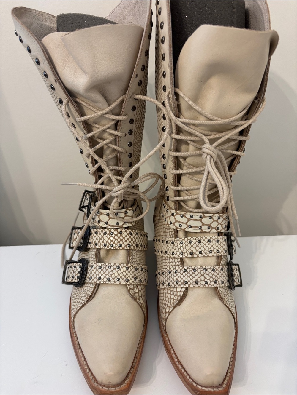 Freebird by Steven Beige Lace-Up Buckle Combat Boots